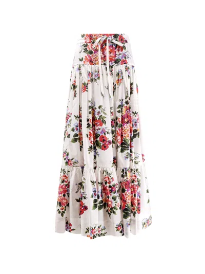 Dolce & Gabbana White Long Skirt With Floral Print And Elasticated Waistband In Cotton Woman