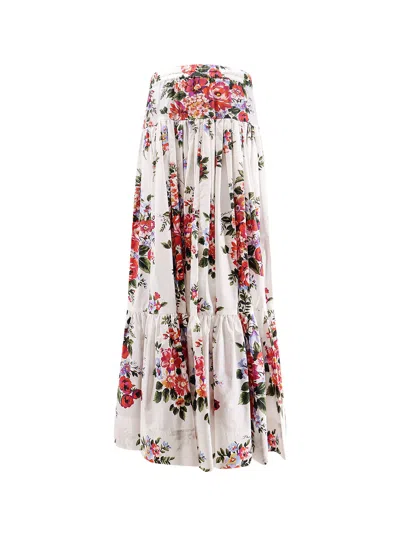 Dolce & Gabbana White Long Skirt With Floral Print And Elasticated Waistband In Cotton Woman