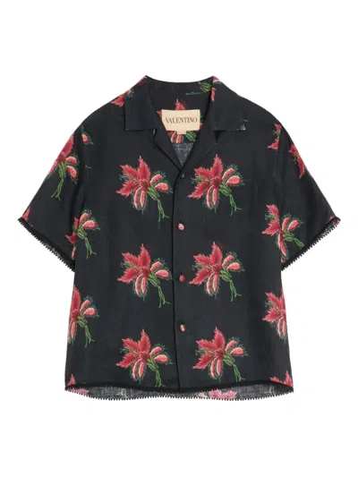 Valentino Camp Collar Shirt Floral Pattern Short Sleeves In Blue