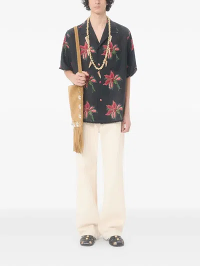 Valentino Camp Collar Shirt Floral Pattern Short Sleeves In Blue