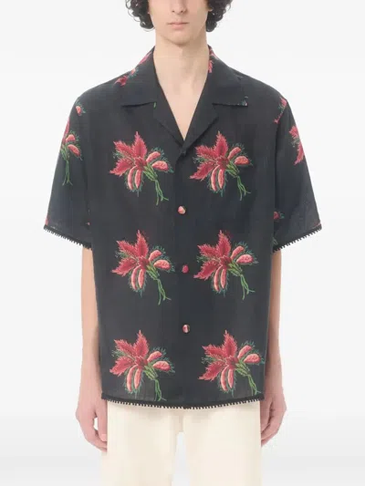 Valentino Camp Collar Shirt Floral Pattern Short Sleeves In Blue