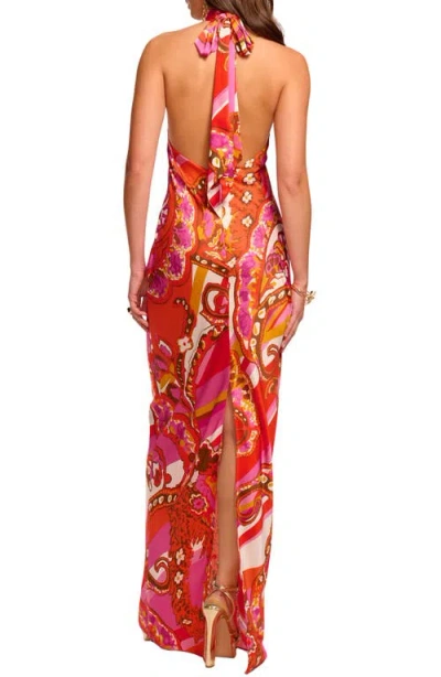 Ramy Brook Tatiana Mixed Print Stretch Silk Halter Neck Gown In Orange