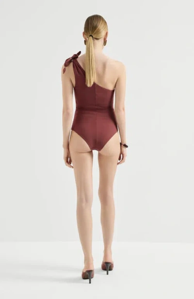 Brunello Cucinelli One Shoulder Swimsuit High Cut Embellished Knot In Burgundy