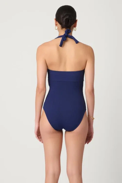 Shoshanna Solid Texture Retro Halter One Piece In Blue
