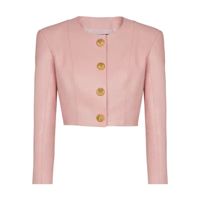 Balmain Long Sleeves Buttoned Lambskin Cropped Jacket In Pink