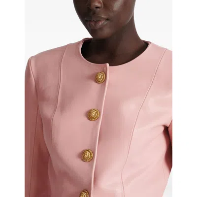 Balmain Long Sleeves Buttoned Lambskin Cropped Jacket In Pink