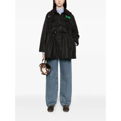 Barbour Dark Brown Jacket With All-over Stripe Motif And Logo Patch On The Front In Waxed Cotton Woman