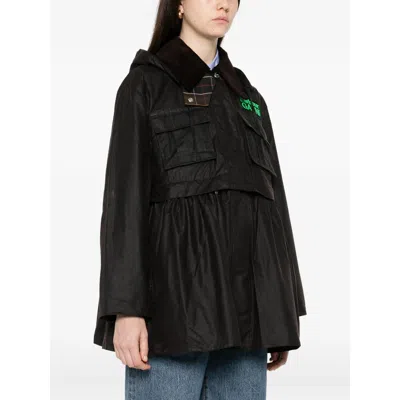 Barbour Dark Brown Jacket With All-over Stripe Motif And Logo Patch On The Front In Waxed Cotton Woman