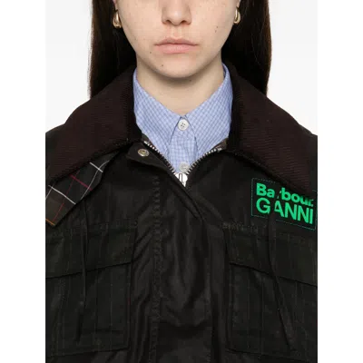 Barbour Dark Brown Jacket With All-over Stripe Motif And Logo Patch On The Front In Waxed Cotton Woman