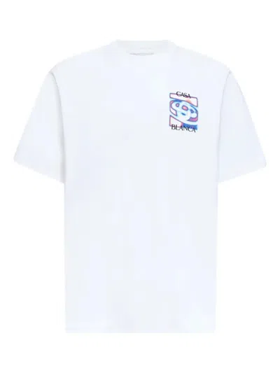 Casablanca Men White Crewneck T-shirt With Logo Detail On The Front And Maxi Logo On The Rear In Cot