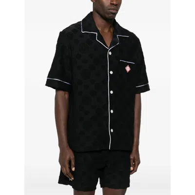 Casablanca Men Black Shirt With Classic Lapels And All-over Embossed Monogram In Cotton Man