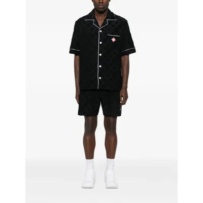 Casablanca Men Black Shirt With Classic Lapels And All-over Embossed Monogram In Cotton Man