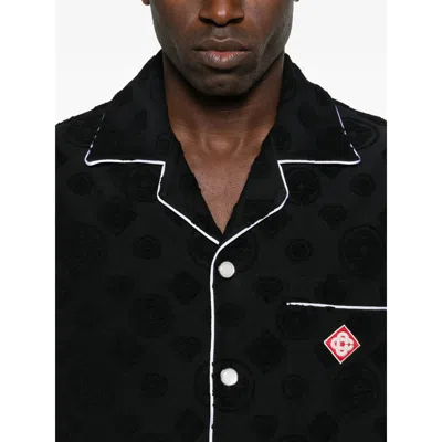Casablanca Men Black Shirt With Classic Lapels And All-over Embossed Monogram In Cotton Man