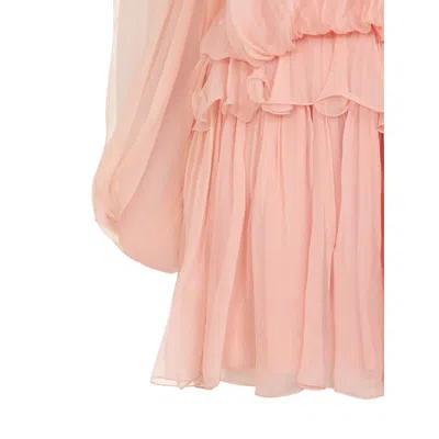 Chloé Women Pink Mini Dress With Drawstring On The Front And Cape Design In Silk Woman In Neutral