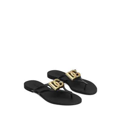 Dolce & Gabbana Black Thong Sandals With Logo Plaque On The Front In Rubber Woman