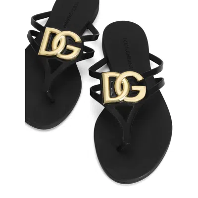 Dolce & Gabbana Black Thong Sandals With Logo Plaque On The Front In Rubber Woman