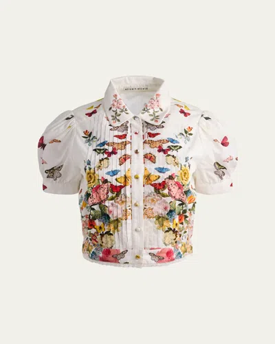 Alice And Olivia Rosie Embroidered Puff Sleeve Cropped Button Down Blouse Solar Strength Off White In Multi
