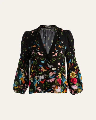 Alice And Olivia Helen Blouson Sleeve Blouse In Black