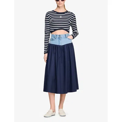 Sandro Mixed-material Maxi Skirt In Blue