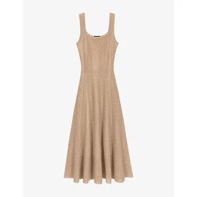Maje Rhinestone Knit Midi Dress In Brown