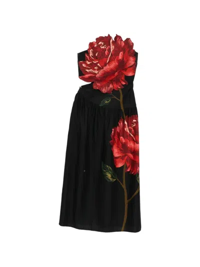 Farm Rio Rosalia Linen Blend Strapless Midi Dress In Black