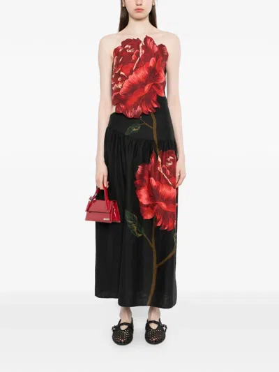 Farm Rio Rosalia Linen Blend Strapless Midi Dress In Black