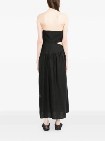 Farm Rio Rosalia Linen Blend Strapless Midi Dress In Black