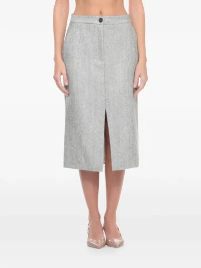 Antonelli Herringbone-pattern Front-split Midi Skirt In Gray