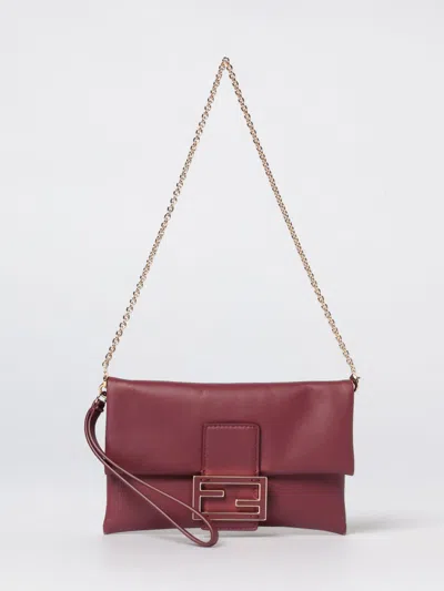 Fendi Nappa Leather Mamma Baguette Pouch With Chain In Burgundy