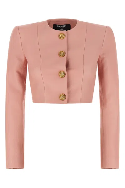 Balmain Women Long Sleeves Buttoned Lambskin Cropped Jacket In Pink