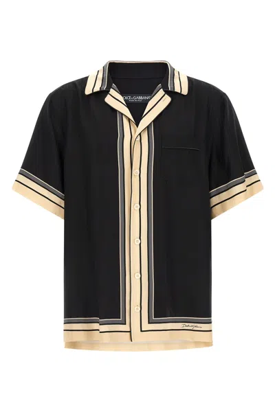 Dolce & Gabbana Men Hawaii Shirt With Logo And Striped Print In Black