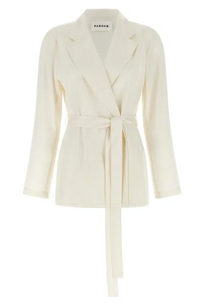 P.a.r.o.s.h White Double-breasted Jacket With Notched Revers And Front Belt Closure In Tech Fabric Woman In Neutral