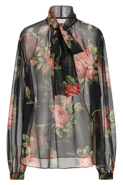 Dolce & Gabbana Rose Bouquet-print Silk Chiffon Neck-tie Blouse In Multi