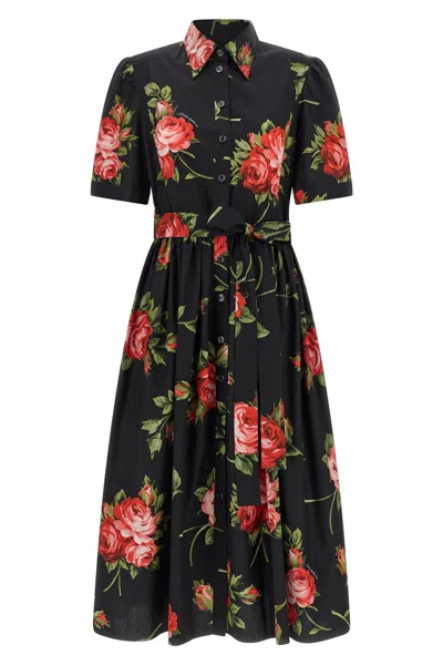 Dolce & Gabbana Belted Gathered Floral-print Cotton-poplin Midi Dress In Black