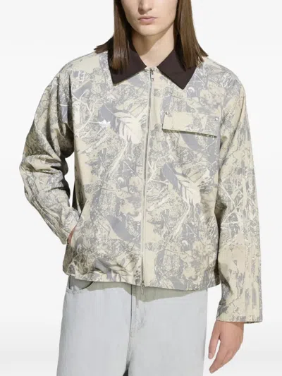 Adidas Originals Leaf Print Cotton Canvas Workwear Jacket In Neutral