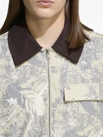 Adidas Originals Leaf Print Cotton Canvas Workwear Jacket In Neutral