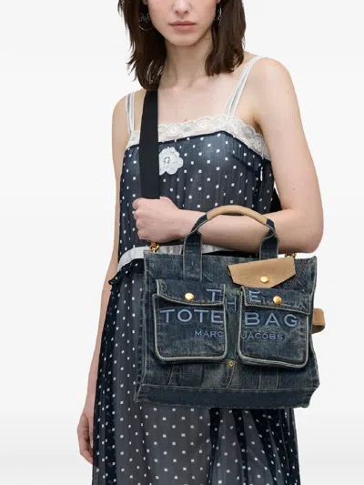 Marc Jacobs The Denim Suede Medium Cargo Tote Bag Dark Wash Indigo In Blue