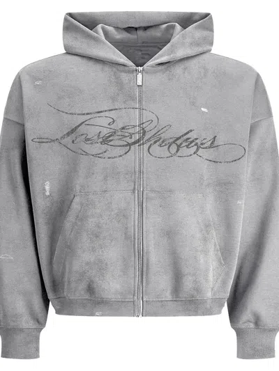 Lostshdws Distressed Script Hoodie In Gray