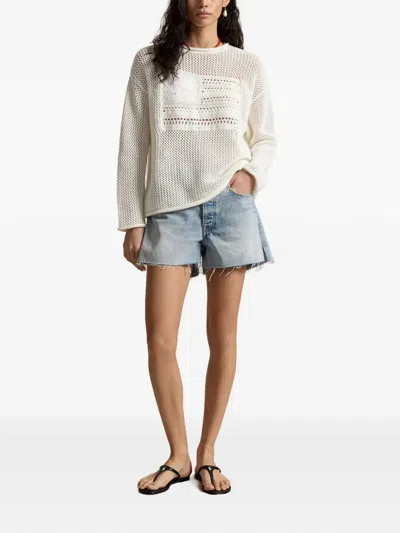 Polo Ralph Lauren Womens White Multi Flag Pointelle-knit Cotton Jumper