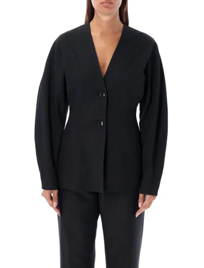 Ganni Black Fitted Drapey Melange Blazer In Black