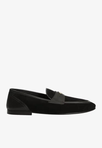 Dolce & Gabbana Ariosto Black Loafers With Metallic Dg Logo Plate On The Front In Leather And Suede Man In Blue