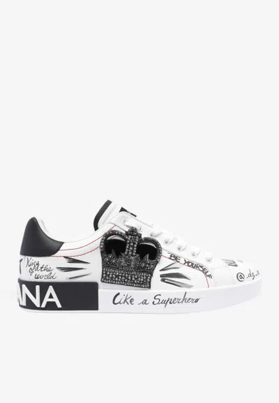 Dolce & Gabbana White Low Top Sneakers With Logo Patch On The Tongue And All-over Print In Leather Man In White
