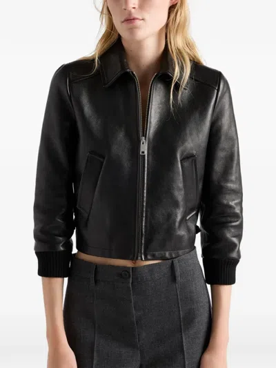 Prada Leather Blouson Jacket In Black