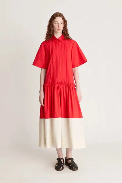 Lee Mathews Charlotte Pintuck Spliced Midi Dress In Red
