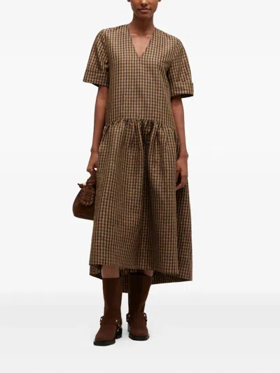 Ganni Crinckled Taffeta Checkered Dress Gathered Waist In Brown