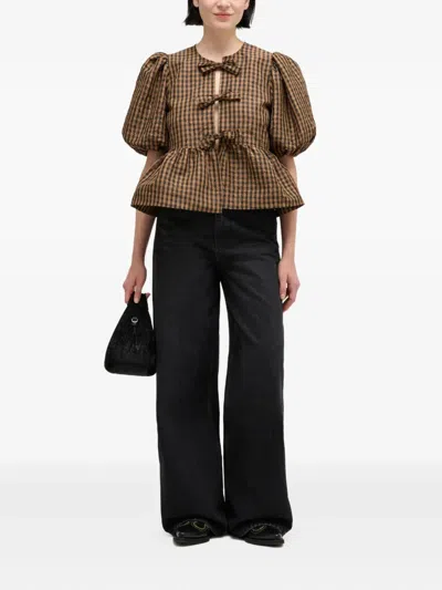 Ganni Crinkled Taffeta Check Peplum Blouse Tobacco Brown