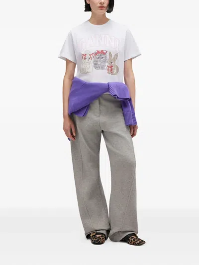 Ganni Graphic Print Crew Neck Short Sleeve Top In White