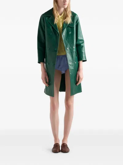 Prada Double-breasted Leather Coat In Green
