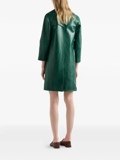 Prada Double-breasted Leather Coat In Green