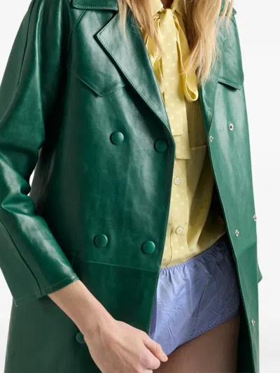 Prada Double-breasted Leather Coat In Green
